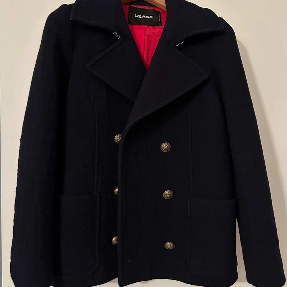 Zadig & Voltaire Miles Navy Pea Coat with Red Lining S